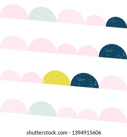 Modern vector abstract seamless geometric pattern with  semicircles in retro scandinavian style. Worn out textured shapes in fun soft pastel colors combinations. 