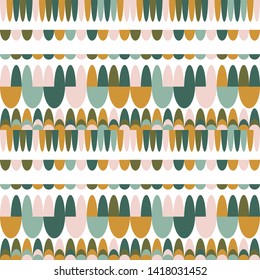 Modern vector abstract seamless geometric pattern with semicircles in retro scandinavian style. Pastel colored shapes  on white background.