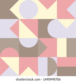Modern vector abstract seamless geometric pattern with triangles,  cquare and circle in retro scandinavian style.Pastel pink, brown, 
grey and yellow shapes.Geometry minimalistic artwork poster 