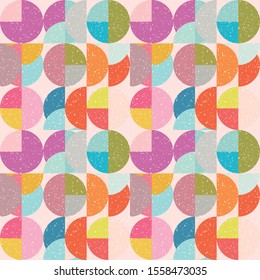 Modern vector abstract seamless geometric pattern with semicircles and circles in retro scandinavian style. Pastel colored colorful shapes with worn out texture .