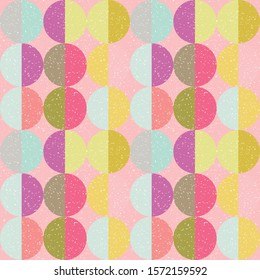 Modern vector abstract seamless geometric pattern with semicircles and circles in retro scandinavian style. Pastel colored colorful shapes with worn out texture .