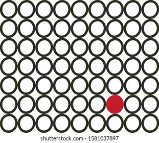 Modern vector abstract seamless geometric pattern with circles with a bright red leading accent, in retro Scandinavian style, for textiles and wallpapers