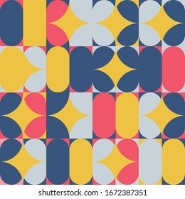 Modern vector abstract seamless geometric pattern with semicircles, circles and squares in retro scandinavian style. Background with geometric figures. 