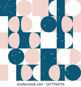 Modern vector abstract seamless geometric pattern with semicircles, squares and circles in retro scandinavian style. Pastel colors shapes with worn out texture on white background.

