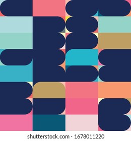 Modern vector abstract seamless geometric pattern with semicircles, circles and squares in retro scandinavian style. Illustration with geometric figures.Background for invitation,web,fabric ,wallpaper