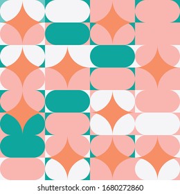 Modern vector abstract seamless geometric pattern with semicircles, circles and squares in retro scandinavian style. Background for invitation, web banner, branding package, fabric print, wallpaper