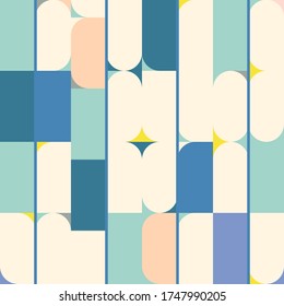 Modernes, abstraktes, nahtloses geometrisches Muster mit Semikeln, Kreisen, Quadraten und Linien im Retro-skandinavischen Stil. Illustration mit geometrischen Figuren. Hintergrund für Stoff oder Tapete