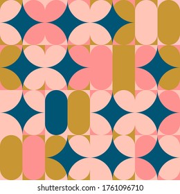 Modern vector abstract seamless geometric pattern with semicircles, circles and squares in retro scandinavian style. Illustration with geometric figures. Design background for invitation, web banner, 