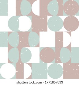 Modern vector abstract seamless geometric pattern with semicircles, squares and circles in retro scandinavian style. Pastel colors shapes with worn out texture on white background.
