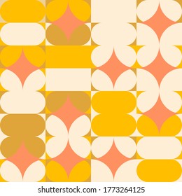 Modern vector abstract seamless geometric pattern with semicircles, circles and squares in retro scandinavian style. Illustration with geometric figures. 
