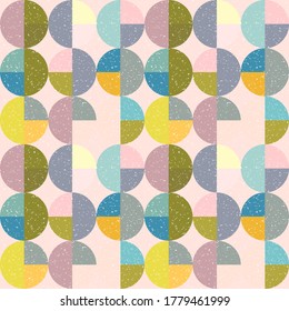 Modern vector abstract seamless geometric pattern with semicircles and circles in retro scandinavian style. Pastel colored colorful shapes with worn out texture .