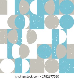 Modern vector abstract seamless geometric pattern with semicircles, squares and circles in retro scandinavian style. Pastel colors shapes with worn out texture on white background.
