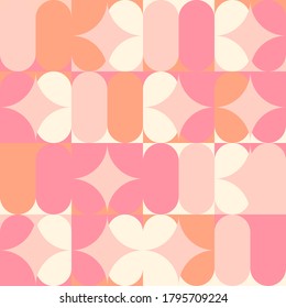 Modern vector abstract seamless geometric pattern with semicircles, circles and squares in retro scandinavian style. Illustration with geometric figures. 