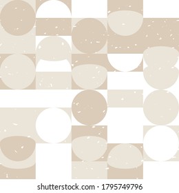 Modern vector abstract seamless geometric pattern with semicircles, squares and circles in retro style. Pastel colors shapes with worn out texture on white background.
