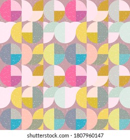 Modern vector abstract seamless geometric pattern with semicircles and circles in retro scandinavian style. Pastel colored colorful shapes with worn out texture .