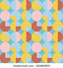 Modern vector abstract seamless geometric pattern with semicircles and circles in retro scandinavian style. Pastel colored colorful shapes with worn out texture .