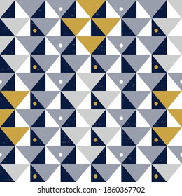 Modern vector abstract seamless geometric pattern with navy blue, golden and grey triangles on the white background in retro scandinavian style on worn out texture