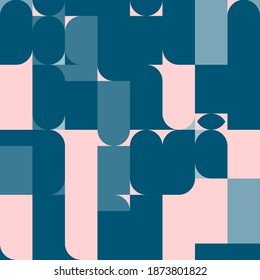 Modern vector abstract seamless geometric pattern with semicircles, circles and squares in retro scandinavian style. Illustration with geometric figures. 