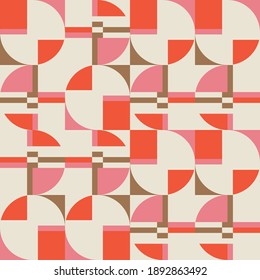 Modern vector abstract seamless geometric pattern with semicircles, rectangles, squares and circles in retro scandinavian style. Pastel colored simple shapes graphic background.
