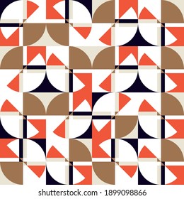 Modern vector abstract seamless geometric pattern with semicircles, rectangles, squares and circles in retro scandinavian style. Pastel colored simple shapes graphic background.
