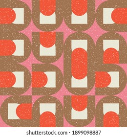 Modern vector abstract seamless geometric pattern with semicircles and circles in retro scandinavian style. Pastel colored simple shapes with separate worn out texture.

