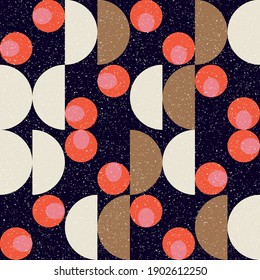 Modern vector abstract seamless geometric pattern with semicircles and circles in retro scandinavian style. Pastel colored simple shapes with separate worn out texture.


