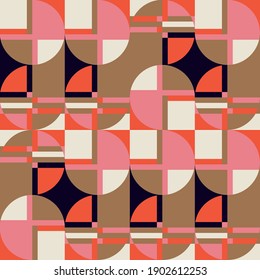 Modern vector abstract seamless geometric pattern with semicircles, rectangles, squares and circles in retro scandinavian style. Pastel colored simple shapes graphic background.
