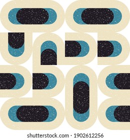 Modern vector abstract seamless geometric pattern with semicircles and circles in retro scandinavian style. Pastel colored simple shapes with separate worn out texture.


