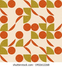 Modern vector abstract seamless geometric pattern with semicircles and circles in retro scandinavian style. Pastel colored simple shapes with separate worn out texture.

