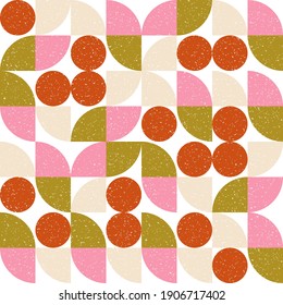 Modern vector abstract seamless geometric pattern with semicircles and circles in retro scandinavian style. Pastel colored simple shapes with separate worn out texture.

