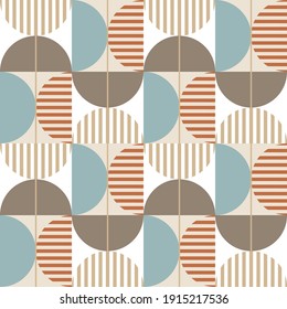 Modern vector abstract seamless geometric pattern with multicolored shapes, lines and other elements in retro scandinavian style