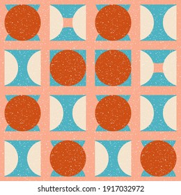 Modern vector abstract seamless geometric pattern with semicircles and circles in retro scandinavian style. Pastel colored simple shapes with separate worn out texture.

