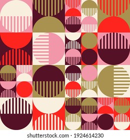 Modern vector abstract seamless geometric pattern with colored shapes, lines and other elements in retro scandinavian style