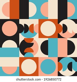 Modern vector abstract seamless geometric pattern with semicircles and circles in retro scandinavian style. Pastel colored simple shapes mosaic background. Bauhaus design inspired background.