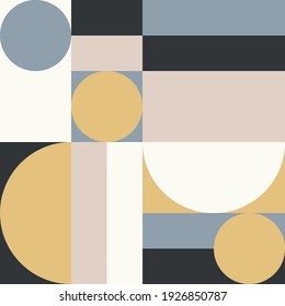Modern vector abstract seamless geometric pattern with semicircles and circles in retro scandinavian style. Pastel colored simple shapes mosaic background. Bauhaus design inspired background.