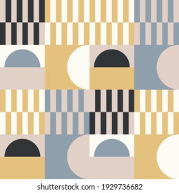 Modern vector abstract seamless geometric pattern with semicircles and circles in retro scandinavian style. Pastel colored simple shapes mosaic background. Bauhaus design inspired background.