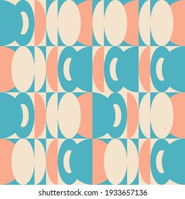 Modern vector abstract seamless geometric pattern with circle, semicircles and ovals in retro scandinavian style. Pastel colored simple shapes background.