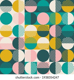 Modern vector abstract seamless geometric pattern with colored shapes, lines and other elements in retro scandinavian style