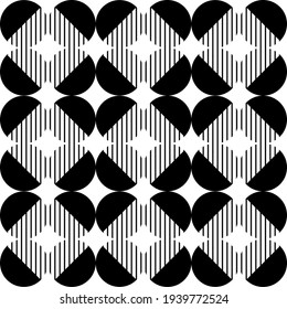 Modern vector abstract seamless geometric pattern with monochrome semicircles, circles and lines in retro scandinavian style