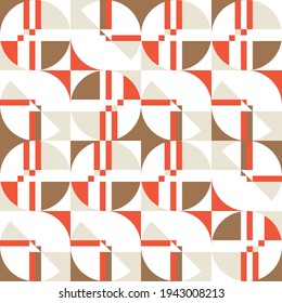 Modern vector abstract seamless geometric pattern with semicircles, rectangles, squares and circles in retro scandinavian style. Pastel colored simple shapes graphic background.

