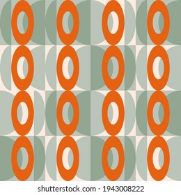 Modernes, abstraktes, nahtloses geometrisches Muster mit Kreis, Halbkreisen und Eizellen im Retro-Skandinavien-Stil. Pastellfarbene, einfache Formen, Hintergrund.
