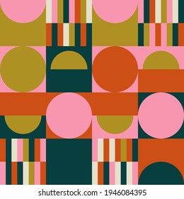 Patrón geométrico abstracto vectorial moderno con semicírculos y círculos de estilo retro escandinavo. El color pastel de las formas simples forma el fondo del mosaico. Diseño inspirado en el diseño de Bauhaus.