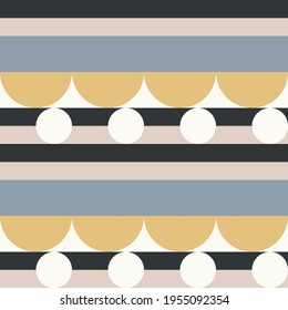 Modernes, abstraktes, nahtloses geometrisches Muster mit Semikeln und Kreisen im Retro-Skandinavien-Stil. Pastellfarbene, einfache Formen, Mosaikhintergrund. Bauhaus-Design-inspirierter Hintergrund.