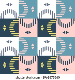 Modern vector abstract seamless geometric pattern with colored shapes, lines and other elements in retro scandinavian style
