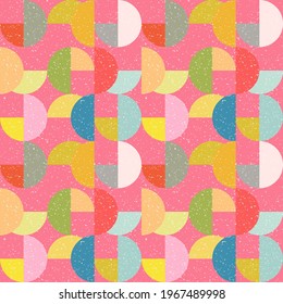 Modern vector abstract seamless geometric pattern with semicircles and circles in retro scandinavian style. Pastel colored colorful shapes with worn out texture .
