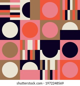 Modern vector abstract seamless geometric pattern with semicircles and circles in retro scandinavian style. Pastel colored simple shapes mosaic background. Bauhaus design inspired background.