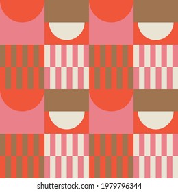Modernes, abstraktes, nahtloses geometrisches Muster mit Semikeln und Kreisen im Retro-Skandinavien-Stil. Pastellfarbene, einfache Formen, Mosaikhintergrund. Bauhaus-Design-inspirierter Hintergrund.