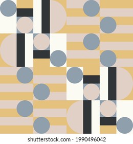 Modern vector abstract seamless geometric pattern with semicircles and circles in retro scandinavian style. Pastel colored simple shapes mosaic background. Bauhaus design inspired background.