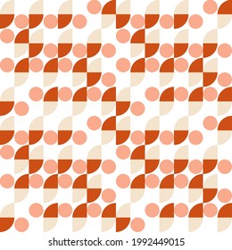 Modernes, abstraktes, nahtloses geometrisches Muster mit Semikeln und Kreisen im Retro-Skandinavien-Stil. Pastellfarbene, einfache Formen, Hintergrund.
