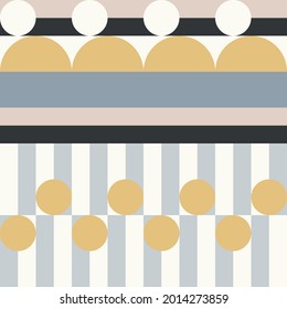 Modern vector abstract seamless geometric pattern with semicircles and circles in retro scandinavian style. Pastel colored simple shapes mosaic background. Bauhaus design inspired background.